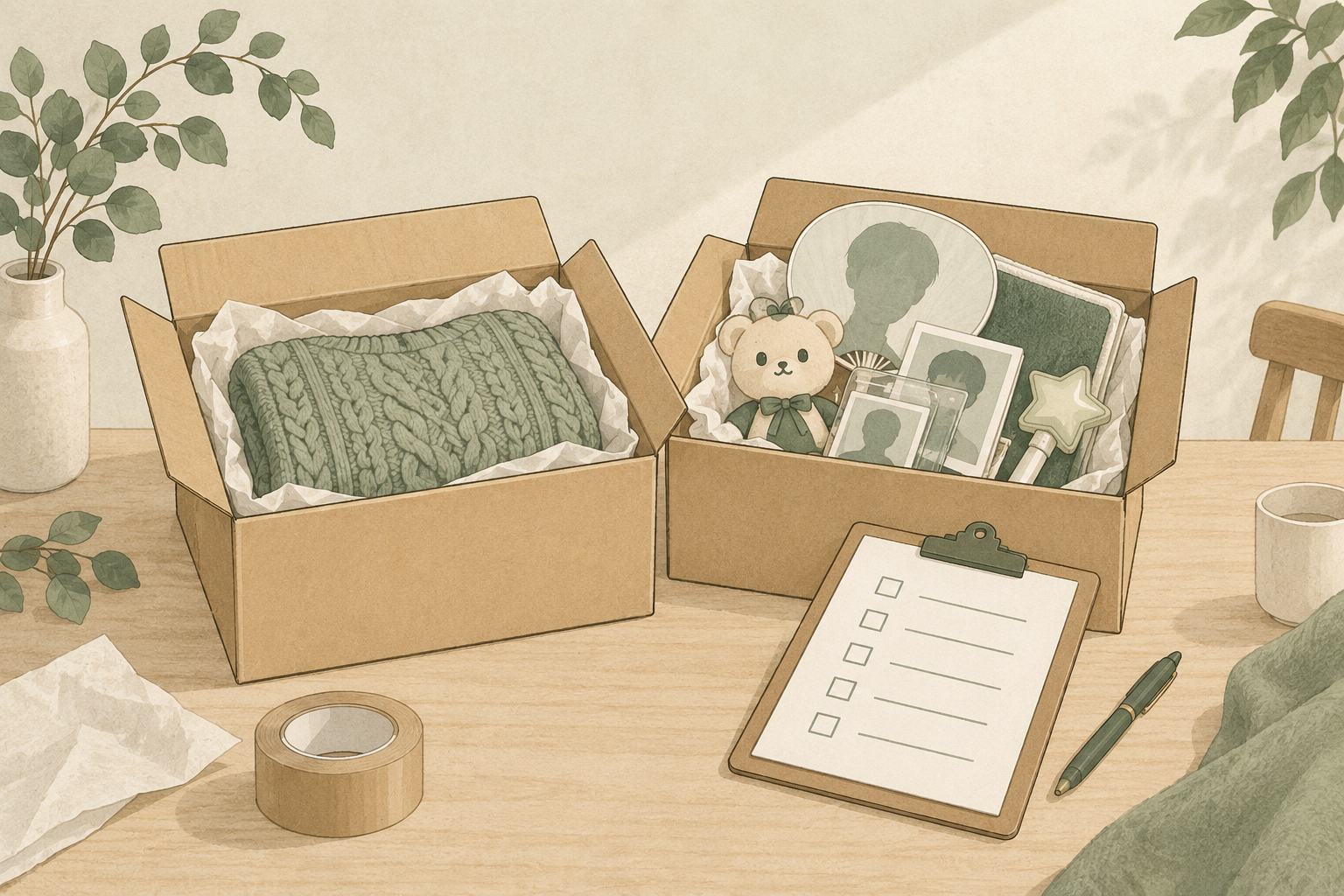 推し活グッズを梱包した段ボール箱と確認リストのイラスト