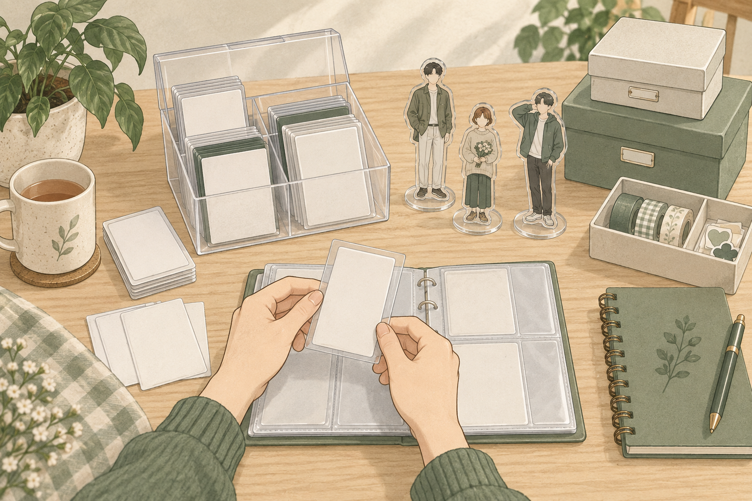 推し活グッズを収納箱やノートと一緒に整理するイラスト
