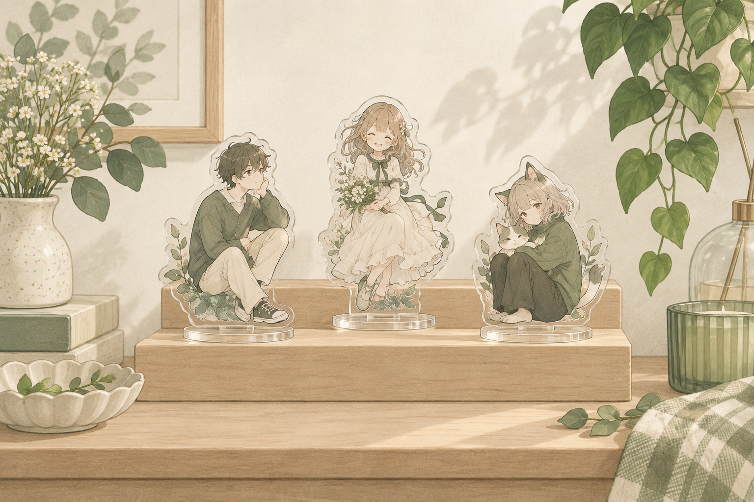 段差のある棚にアクリルスタンドを飾るイラスト
