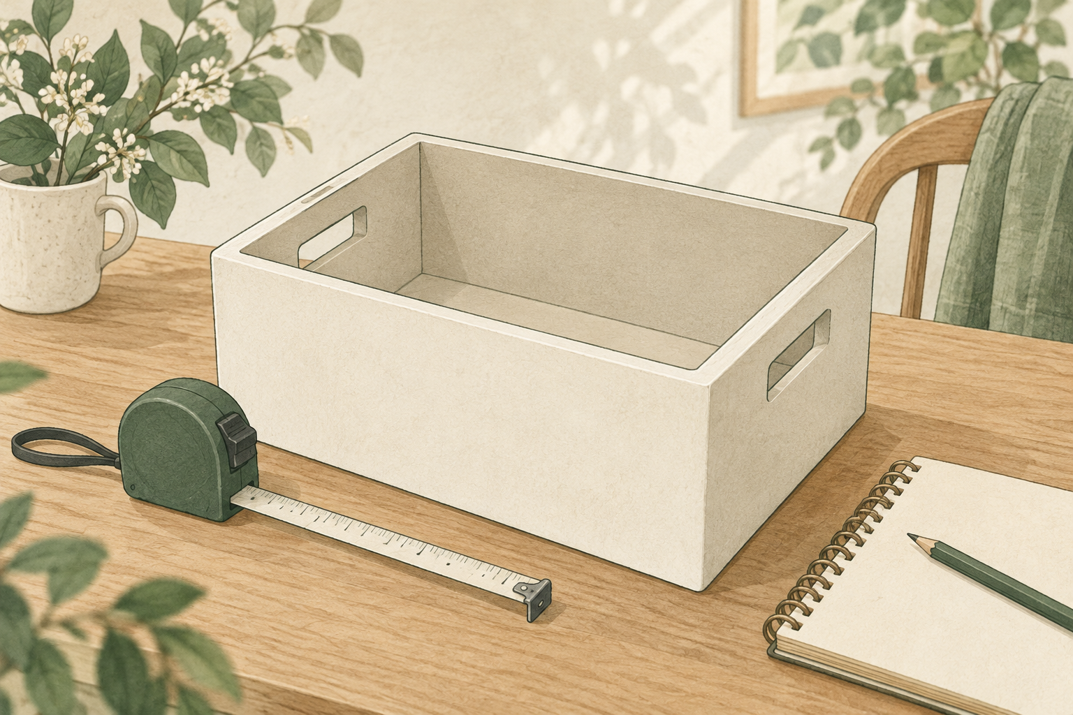 収納ケースとメジャーで内寸・外寸を確認するイラスト