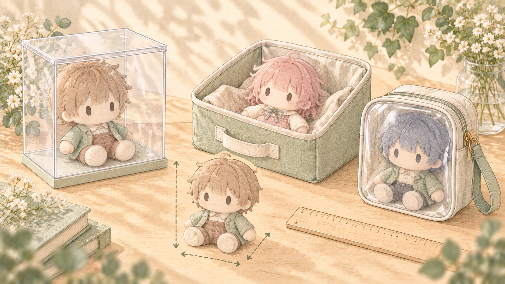 推しぬいのサイズを測りケースに収納するイラスト