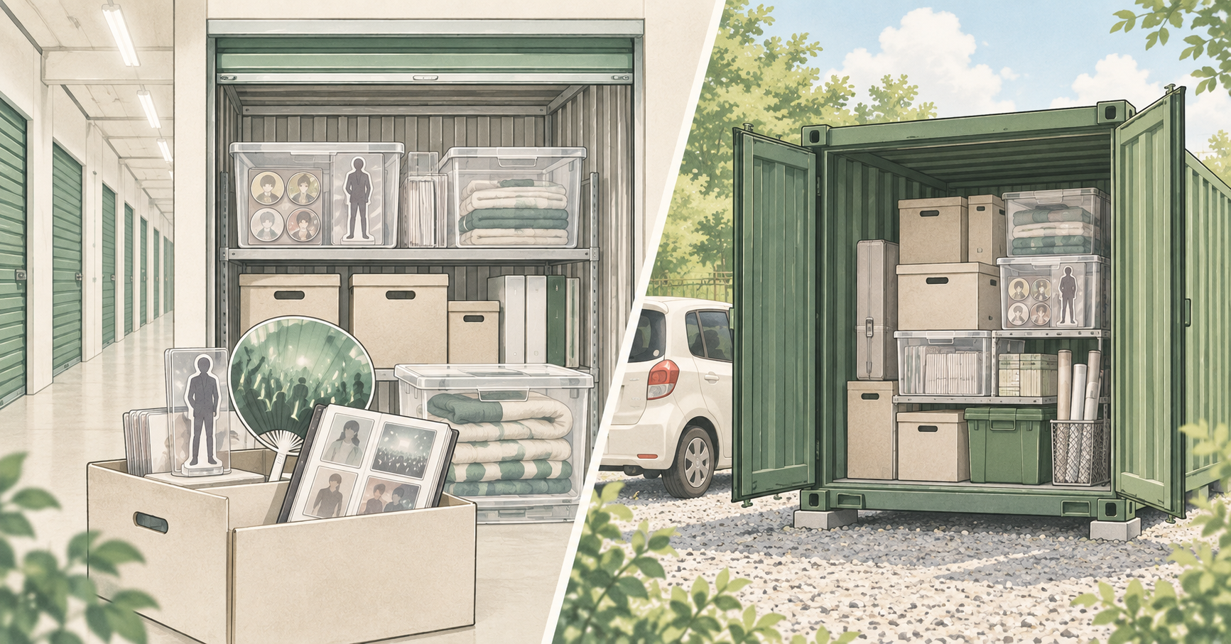 屋内型と屋外型のトランクルームを比較するイラスト
